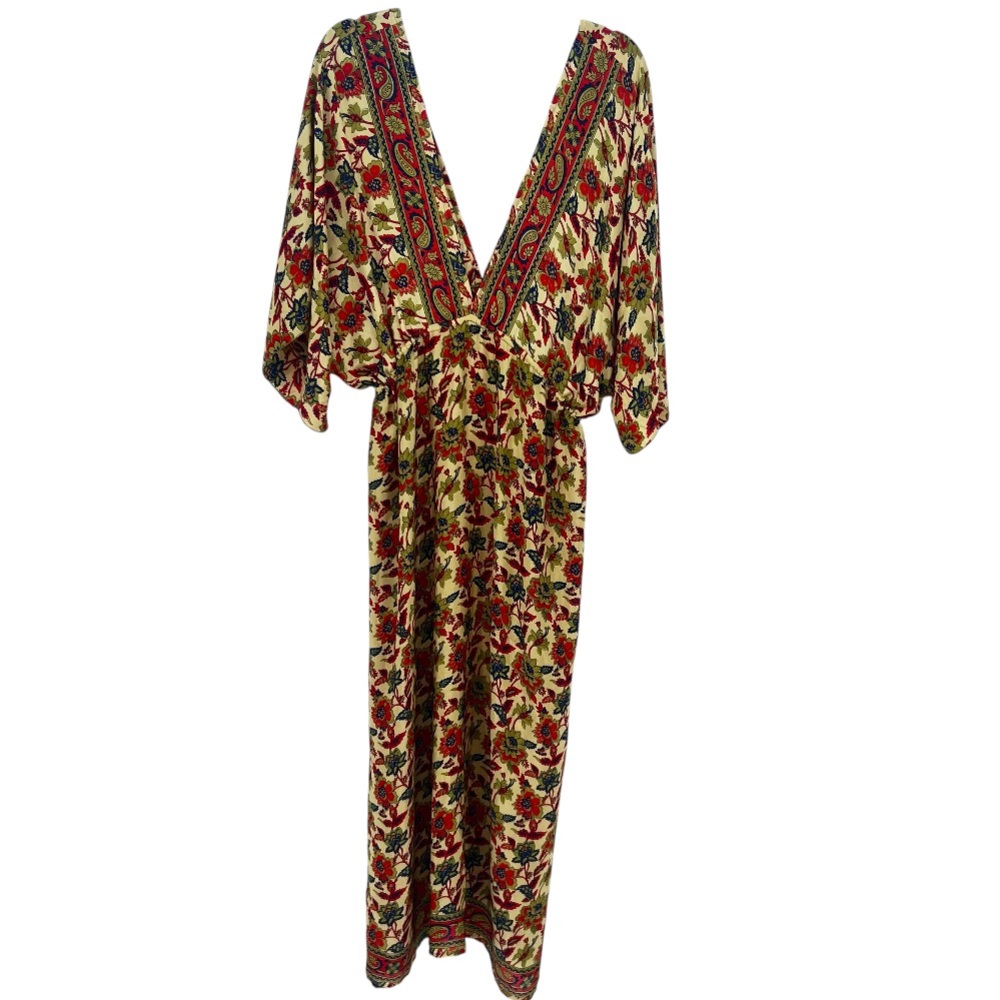 Silky Satin Floral Kaftan Tasseled Swim Cover Dress Size M